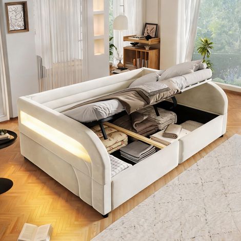 Cadre de lit beige en flannelette 211 x 150 x 73 cm (1/5)