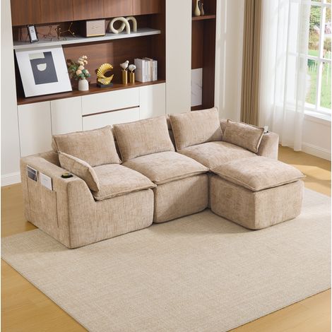 Divano modulare 256x161x75 cm kaki in ciniglia con tasche laterali, cuscini e struttura a molle (1/5)