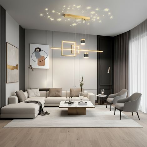 Lustre LED 81W Lumiere Gradable Dore Hauteur Reglable (1/5)