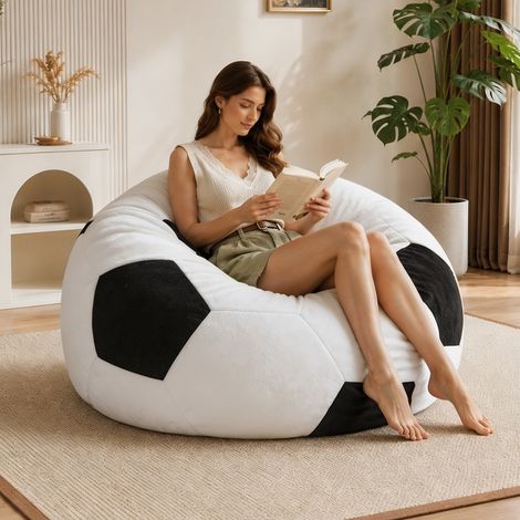 Pouf divano rotondo 52 x 43,5 x 31,5 cm per soggiorno, camera o ufficio, in flanella bianca e nera (1/5)