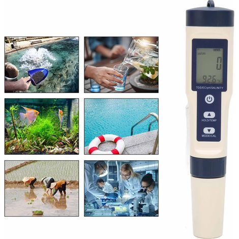 Multifunktionaler tragbarer digitaler 5-in-1-Testerstift zur Bestimmung der Wasserqualität: pH-Wert, Salzgehalt, Temperatur, TDS und elektrische Leitfähigkeit. (1/5)