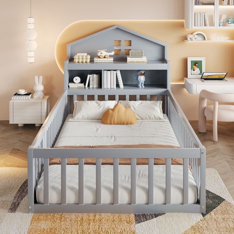 Lit enfant 90x200 cm gris,cadre bois massif,plinthe,étagères,rangements,grille protection,rail tableau,base à lattes