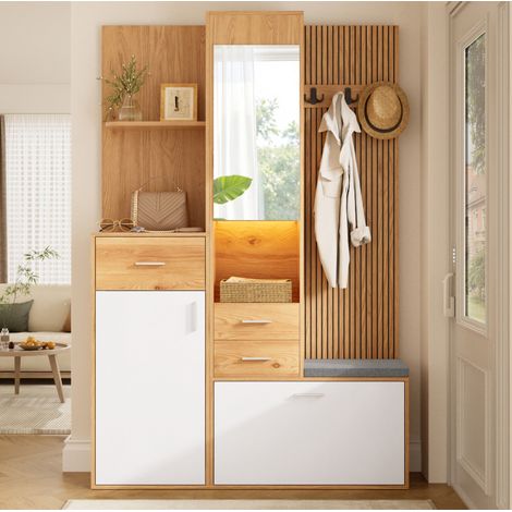 Mueble de entrada multifunción con zapatero, espejo, banco y LED App, blanco y natural (1/5)