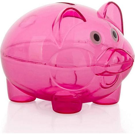Tirelire transparente en plastique en forme de cochon, avec pièces de monnaie. (1/5)