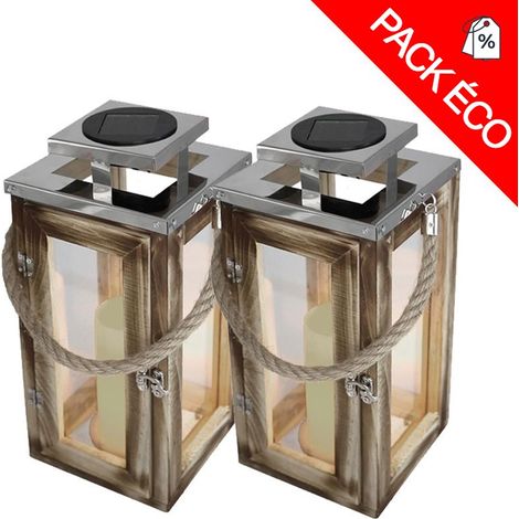 Lumisky – Lot de 2 lanternes solaires en bois – Alimentation solaire – Autonomie 8h – IP44 – Charge 4-6h – Éclairage d'ambiance extérieure (1/4)