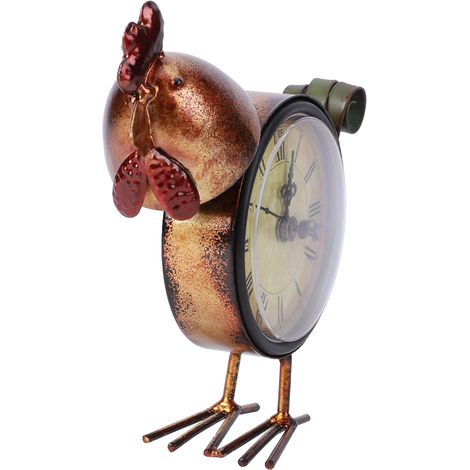 Horloge de bureau en fer forgé en forme de poulet, style rétro européen, objet de décoration ou cadeau artisanal. (1/5)