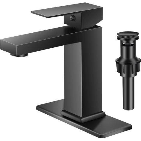 Robinet de salle de bain monotrou noir à poignée unique pour lavabo, meuble-lavabo ou camping-car (avec bonde escamotable et plage arrière). Convient aux installations à 1 ou 3 trous. (1/5)
