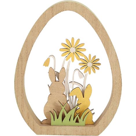 Osterhasen-Ornament aus Holz, verziert mit Blumen, Gras und eiförmigem Rahmen