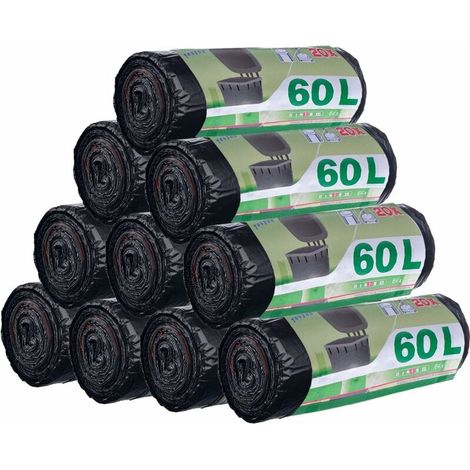 200 pezzi 50L-60L Sacchi per la spazzatura resistenti a prova di perdite con manici con coulisse Confezione da 10 rotoli Grandi dimensioni 71 x 64 cm Nero (1/5)
