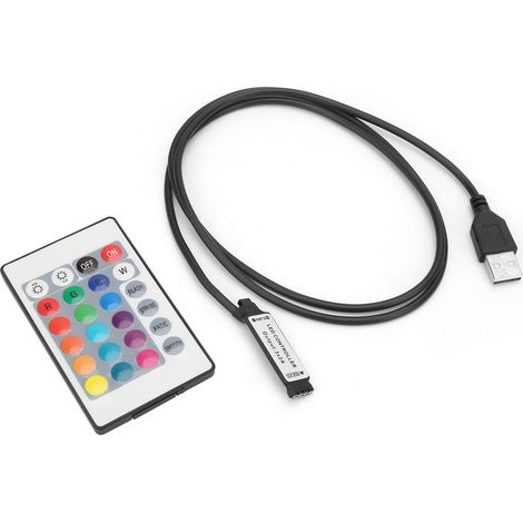 Bande lumineuse LED RGB 24 touches 5-24V avec télécommande sans fil, port USB 6A et contrôleur IR (1 m)