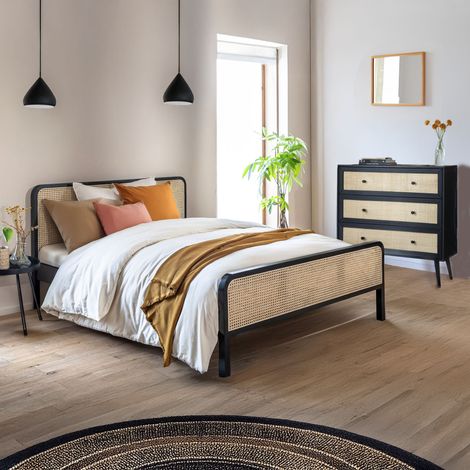 Chambre lit cannage avec commode noir ANNA 140x190 - ANNA (1/5)