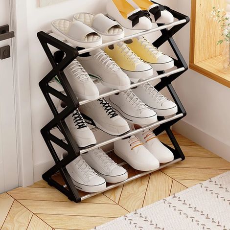 Étagère à chaussures à 4 niveaux en X, peu encombrante et à plusieurs niveaux, couleur unie, facile à monter soi-même, idéale pour une véranda ou un salon. (1/5)