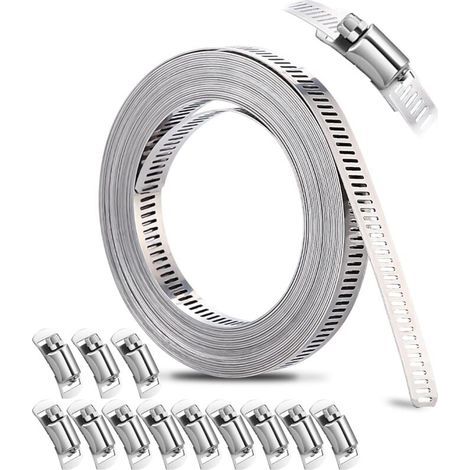 5m Collier de Serrage Inox, avec 12 Pièces Attache, en Acier Inoxydable 304, Collier de Serrage Métallique Réglable, pour Tuyaux, Gaz, Eau, Voiture, Machine à Laver, Jardin (1/5)