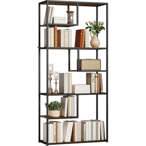 Bibliothèque industrielle à 7 niveaux en bois et acier, 83 x 34 x 180 cm, marron (1/5)