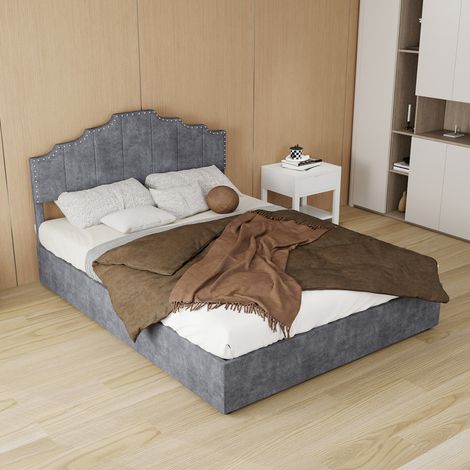 Lit coffre 140 x 200 cm gris en tissu avec tête de lit géométrique et matelas inclus (1/5)