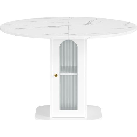 Table de bar ronde 80x80x75 cm avec rangement, pour 2 à 4 personnes, finition effet marbre, porte en verre strié et étagère, blanc (1/5)