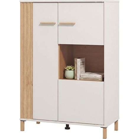 Vitrine Orune, Präsentationsschrank mit 4 Böden, Drehtür, 2 Türen, 85x40x122h cm, Braun Eiche Astknoten