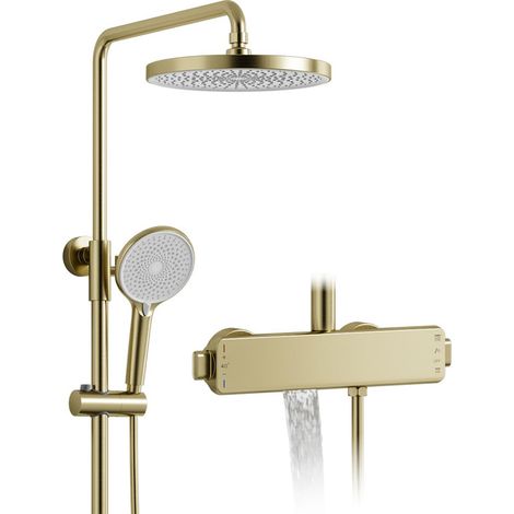 Duschsystem Gold mit Thermostat, Regendusche mit Armatur, Messingkörper 3 in 1 Duscharmatur Komplettset mit 260 mm Duschkopf, Anti-Kalk-Düsen, 3 Modus Handbraus, Wanneneinlauf, Höhenverstellbar (1/5)