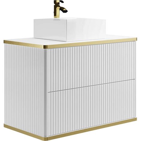 Mobile per bagno sospeso con scanalature con profilo Dorato e lavabo da appoggio Bianco 80 cm - KELIZA (1/5)
