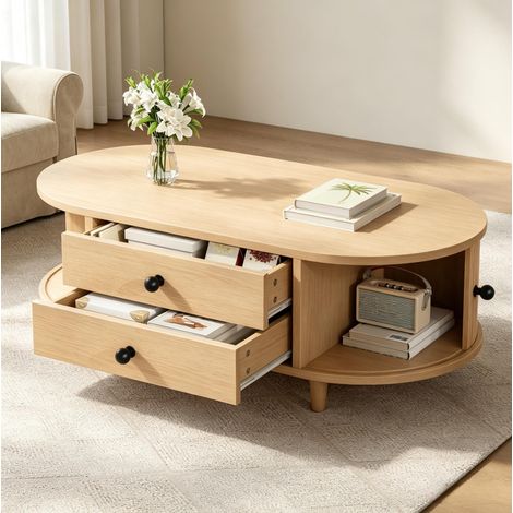 Tavolino da Salotto Rettangolare con 2 Cassetti e Ante Scorrevoli, per Soggiorno, MDF, Legno Naturale, 100 × 50 × 36 cm (1/5)