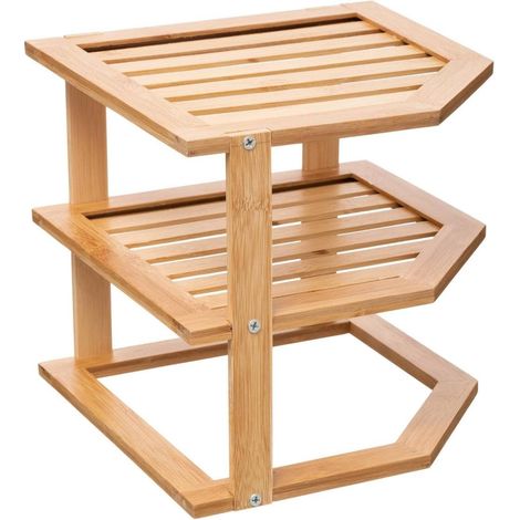 1 Étagère d'angle 2 niveaux Bambou Naturel 25,4x25,4x23cm Gain de place Cuisine Salle de bain (1/4)