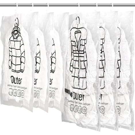 Lot de 6 sacs de rangement sous vide réutilisables avec cintres, comprend 3 pièces de petite taille de 67 x 90 cm et 3 pièces de long de 67 x 110 cm.