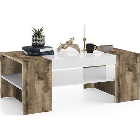 Dmora Couchtisch, Made in Italy, Wohnzimmertisch, 110x60h40 cm, glänzend weiß und Ahornfarbe
