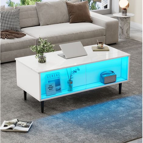 105 x 50 x 43 cm couchtisch Höhenverstellbarer Kaffeetisch mit Verstecktem Stauraum, wohnzimmertisch Mit LED-Licht,Sofatisch mit Stauraum und Ausstellungsfläche aus gehärtetem Glas, Weiß Mit 4 Beinen (1/5)