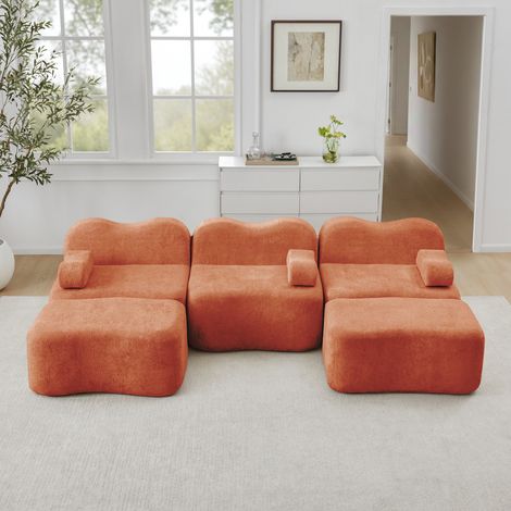 Divano modulare angolare 3 posti con 2 pouf in velluto, senza struttura in schiuma alta densità 32D, cuscino bracciolo mobile, per soggiorno e appartamento - Arancione