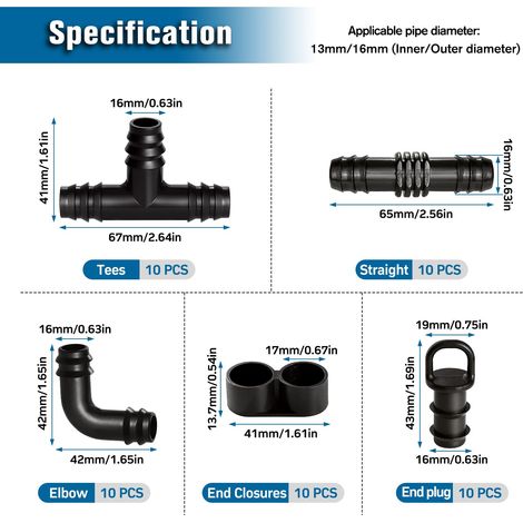VooGenzek 50 Pièces Raccords d'Irrigation pour Tubes 16mm, Connecteur de Tuyau D'Eau D'Irrigation, Connecteurs Barbelés de Tuyaux pour Système d'Irrigation, Connecteurs Barbelés Systèmes d'Arrosage (1/4)