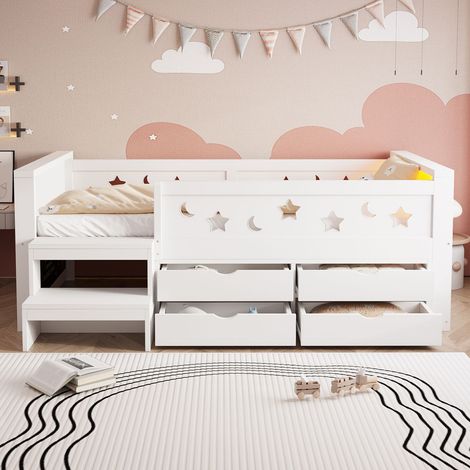 Lit Simple 90 x 200 cm barrière de lit à motifs étoiles et lunes tiroirs intégrés éclairage LED coloris blanc tableau noir créatif (1/5)