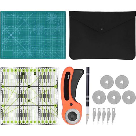 Tapis de découpe auto-cicatrisant A4 avec règle acrylique, cutter rotatif et lames de rechange - Kit couture et patchwork avec sac de rangement (1/5)