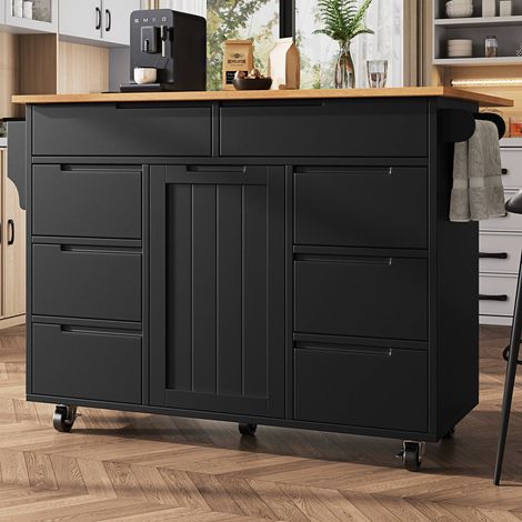 Îlot de cuisine moderne avec 8 tiroirs et étagère à épices, desserte roulante extensible noire (1/5)