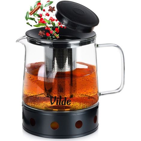 VILDE Pichet Infuseur avec Réchaud 1,5 L - Verre borosilicaté - Acier inoxydable - Idéal pour thés et infusions (1/5)