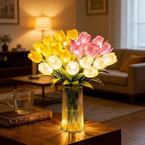 Arbres à tulipes scintillants lampe de nuit, 15 lampes tulipes fleurs artificielles avec vase, fleurs lumineuses LED pour décoration de chambre, cadeaux romantiques éclatants (1/5)