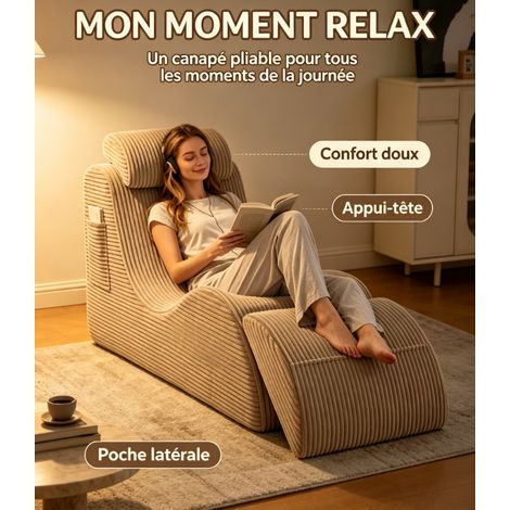 Fauteuil Relax Ergonomique Beige à Texture Côtelée, Soutien Complet Dos, Lombaires et Jambes pour Votre Coin Détente (1/5)