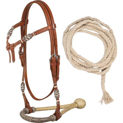 Bosal set in cuoio e rawhide con mecate in cotone e decorazioni con pezzi di cuoio intrecciati (1/5)