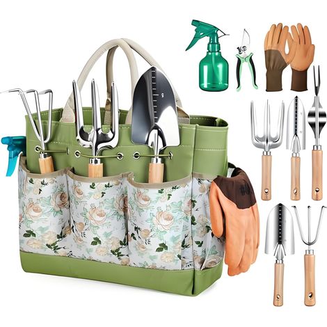 Outils de jardinage, ensemble de jardinage 9 pièces en acier inoxydable, comprenant un sac de rangement XL, un arrosoir, des gants, cadeau de jardinage pour hommes et femmes. (1/5)