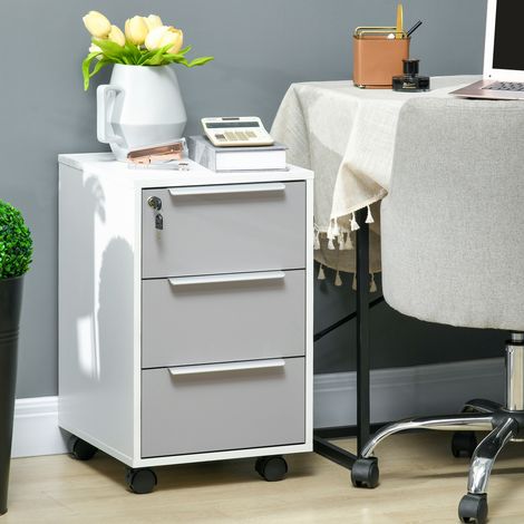 Caisson de bureau à roulettes avec 3 tiroirs et serrure pour dossiers 40 x 40 x 63.5 cm blanc et gris