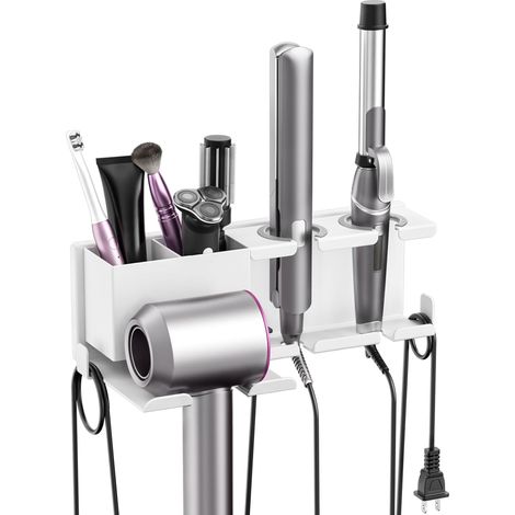 Porte-sèche-cheveux Mural sans Perçage - Support Mural Métal pour Dyson Airwrap, Lisseur & Fer à Boucler, Support Seche Cheveux, Organisateur Salle de Bain, Blanc (1/5)