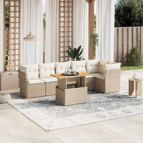 Salon de jardin 7 pièces en résine tressée beige avec coussins crème amovibles – Table réglable 100x55 cm (1/3)