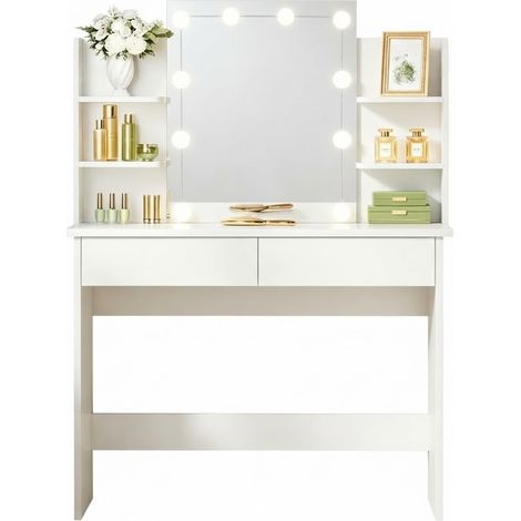 ELVMI Coiffeuse 2 Tiroirs, 4 Étagères, Miroir LED Réglable, Chambre, Bois Massif, Plastique, Blanc, 90 x 40 x 135 cm (1/5)