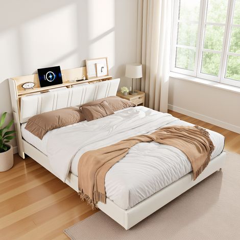 Polsterbett Doppelbett 140x190 cm, Schwebebett mit LED Beleuchtung und USB-Anschlüssen, Modernes Jugendbett mit stauraum, Bettgestell mit Kopfteil und Lattenrost, PU Weiß