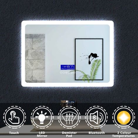 Acezanble LED Bathroom Mirrors with Bluetooth Speaker Adjustable Colors + Anti-Fog + LCD Panel (Touch, Clock, Date, Temperature) 50x70cm (1/4)
