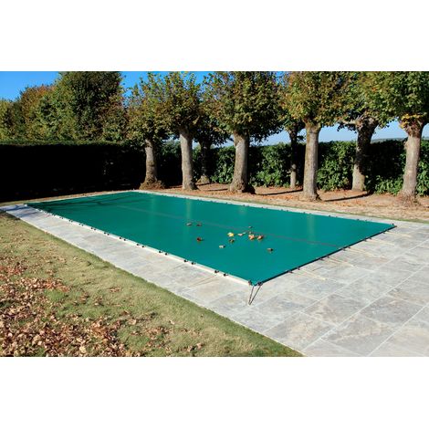 Bâche d'hivernage verte 8,60 x 4,60 m pour piscine jusqu'à 8 x 4 m - Grille centrale d'évacuation - 550 g/m² - Fixation avec sandows et pitons