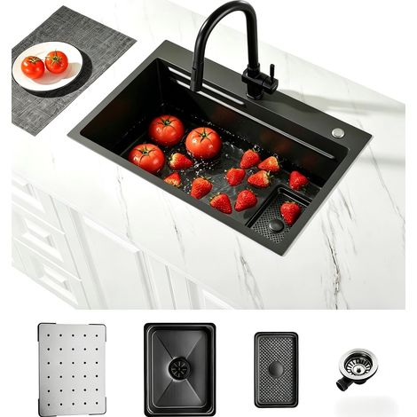 Evier Cuisine 1 Bac Noir 70 × 45 cm,Evier Inox 1 Bac,2 Trous Pour Robinets,Ensemble Comprenant Une CréPine,Un Bac De DéCongéLation,Un Panier De Vidange Et Un Siphon (1/5)