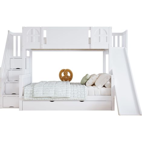 Lit superposé enfant bois massif et MDF blanc 90x200/120x200 cm avec toboggan, escalier de rangement et tiroir (1/5)