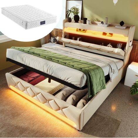letto contenitore 160x200 USB LED beige con materasso OKMYHOME (1/5)