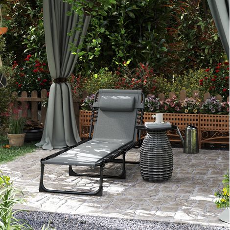 Lettino da esterno pieghevole in poliestere grigio scuro, schienale 5 posizioni, con cuscino e tasca laterale 68x189x36 cm (1/5)