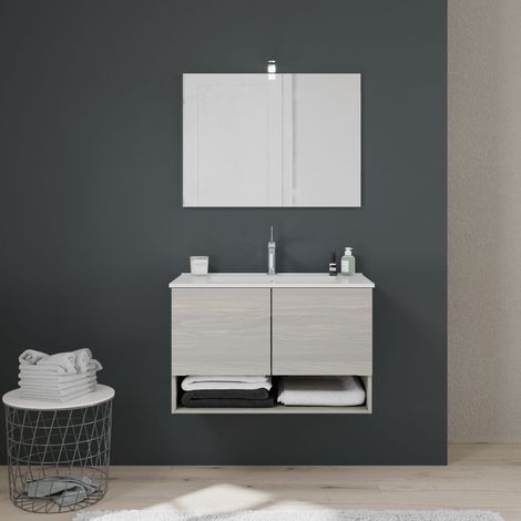 Mueble De Baño Colgado 80Cm Puertas Y Estante Abierto Roble Gris Venezia (1/5)